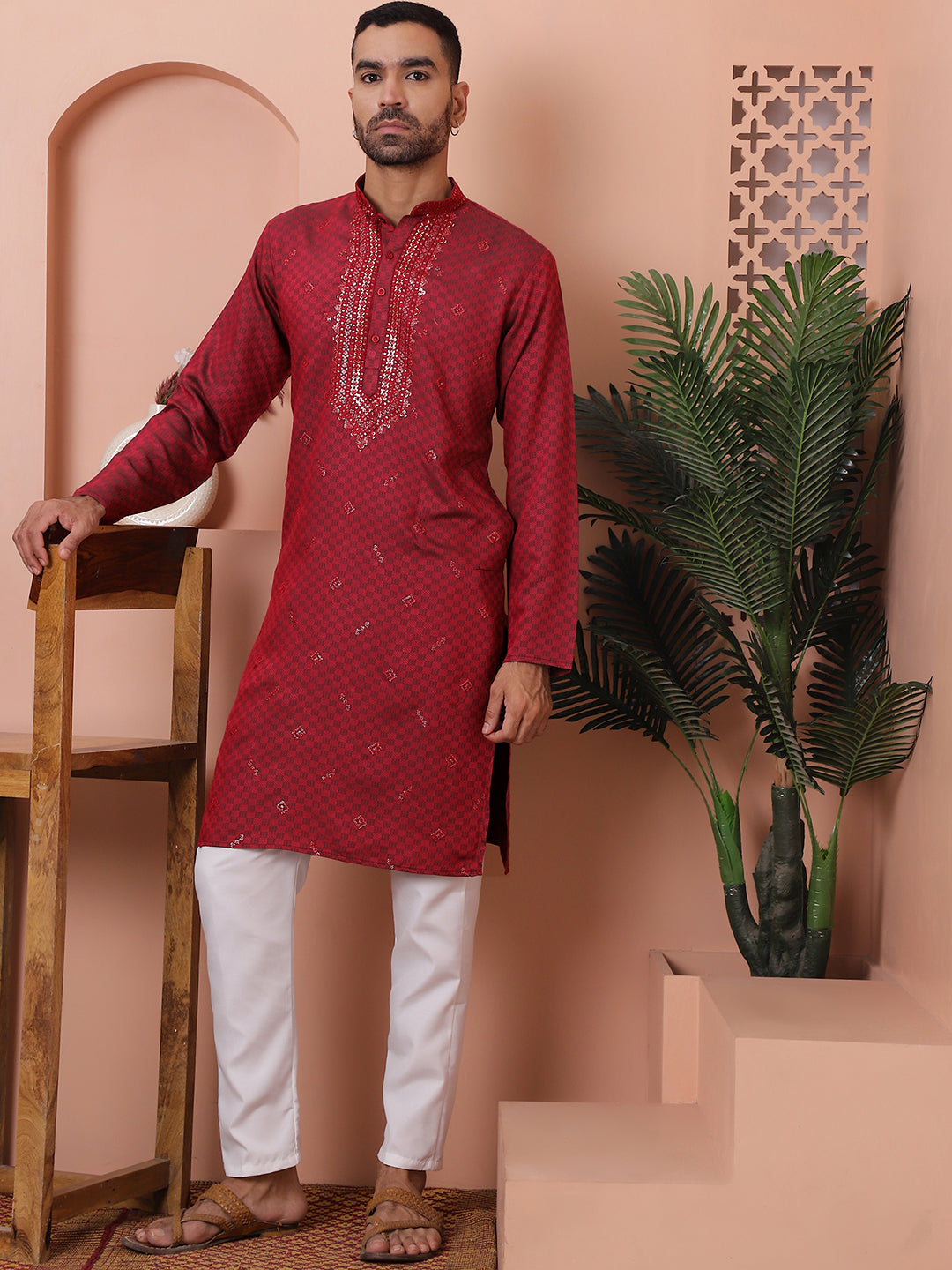 Red Silk Embroidered Kurta Pajama Set