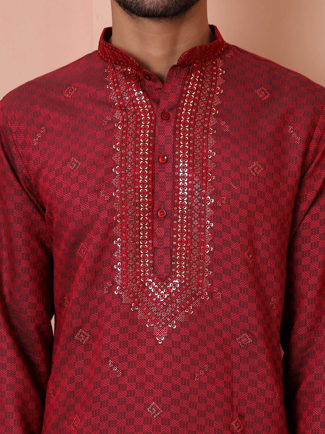 Red Silk Embroidered Kurta Pajama Set