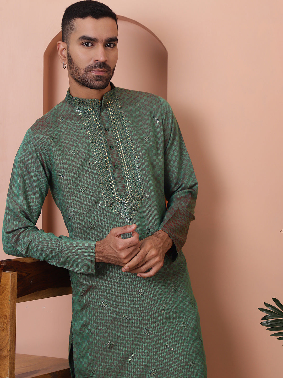 Olive Silk Embroidered Kurta Pajama Set