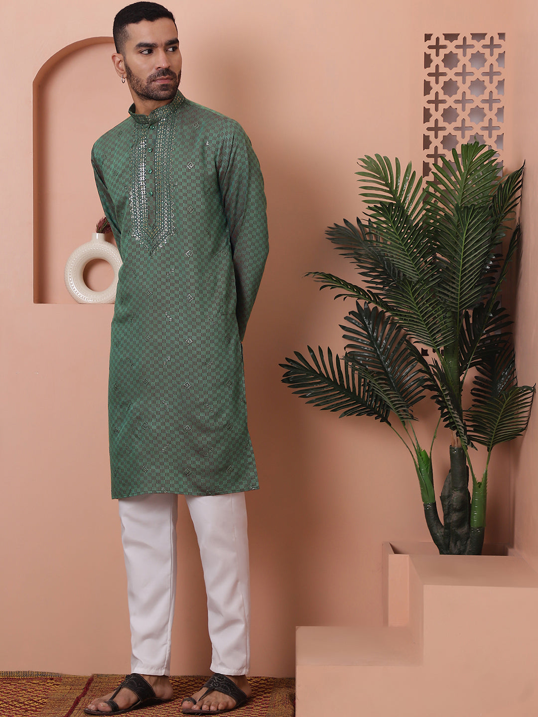 Olive Silk Embroidered Kurta Pajama Set