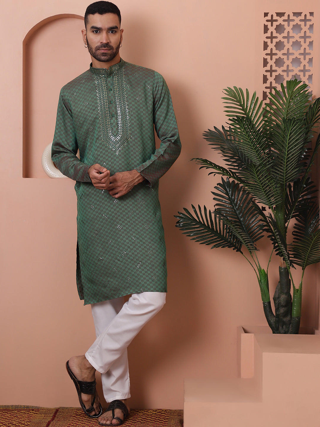 Olive Silk Embroidered Kurta Pajama Set