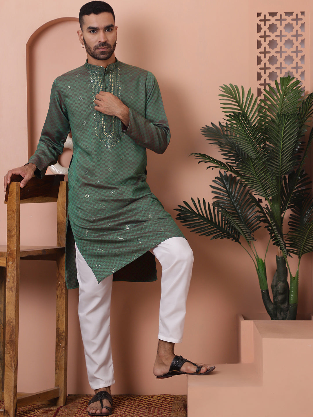 Olive Silk Embroidered Kurta Pajama Set