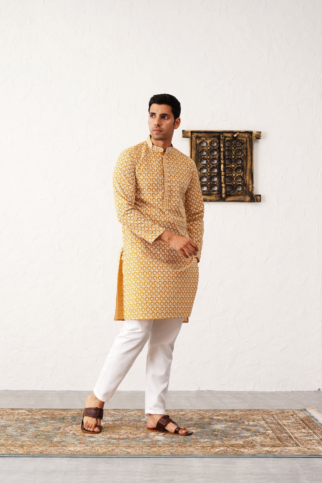 Yellow Cotton Embroidered Kurta Pajama Set