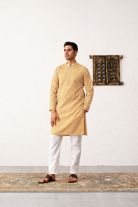 Yellow Cotton Embroidered Kurta Pajama Set