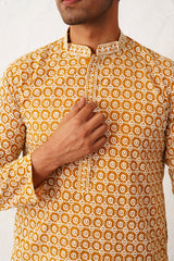 Yellow Cotton Embroidered Kurta Pajama Set