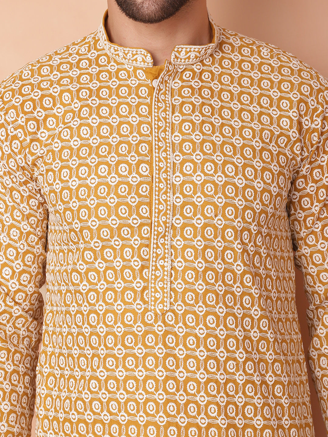 Yellow Cotton Embroidered Kurta Pajama Set