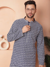 Navy Blue Cotton Embroidered Kurta Pajama Set