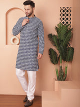 Navy Blue Cotton Embroidered Kurta Pajama Set