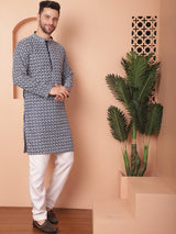 Navy Blue Cotton Embroidered Kurta Pajama Set