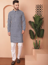 Navy Blue Cotton Embroidered Kurta Pajama Set