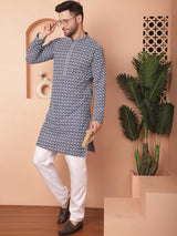 Navy Blue Cotton Embroidered Kurta Pajama Set