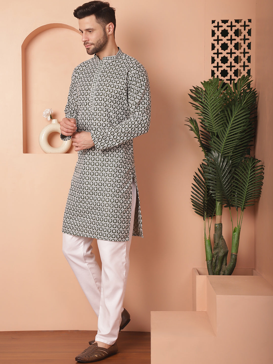 Olive Cotton Embroidered Kurta Pajama Set