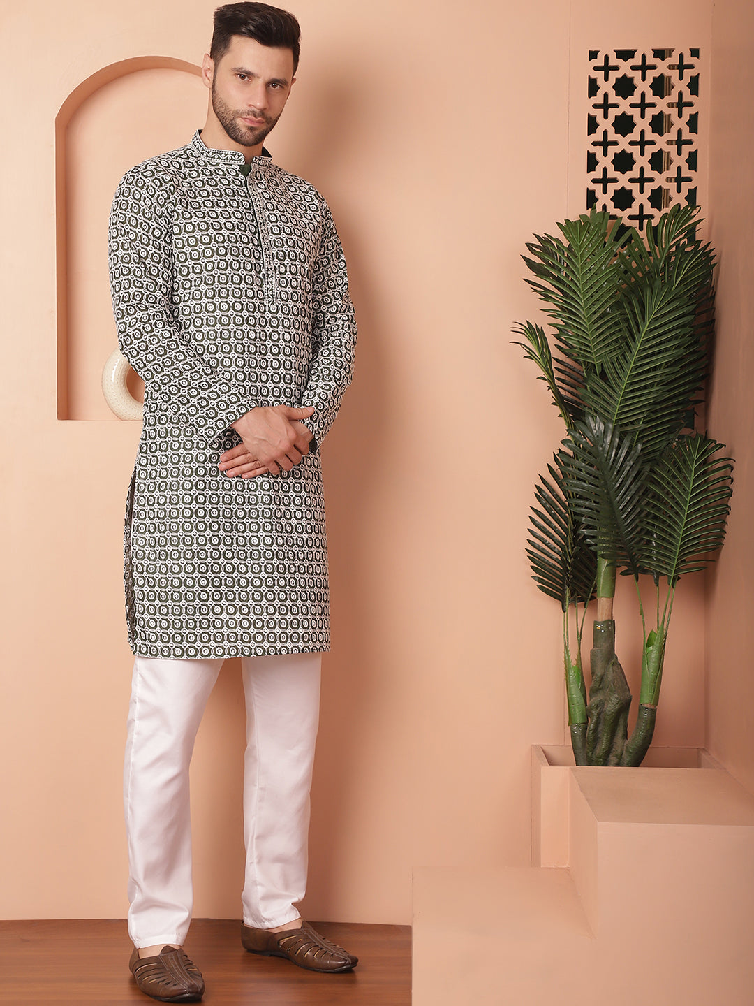 Olive Cotton Embroidered Kurta Pajama Set