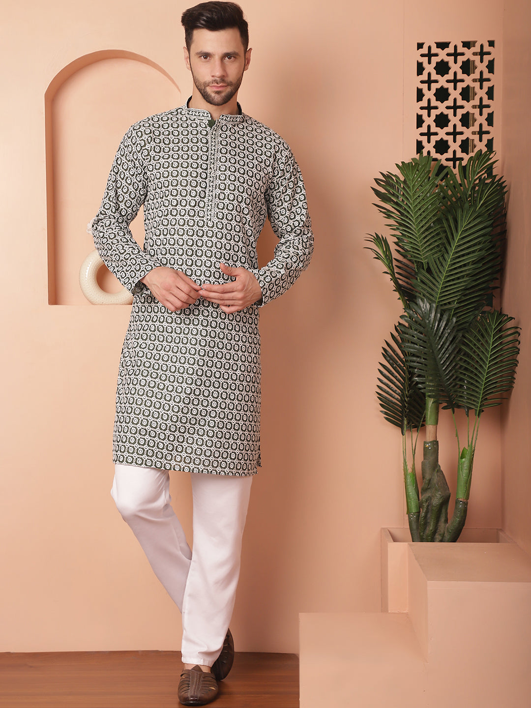 Olive Cotton Embroidered Kurta Pajama Set