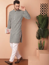 Olive Cotton Embroidered Kurta Pajama Set