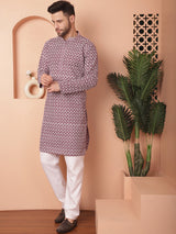 Purple Cotton Embroidered Kurta Pajama Set