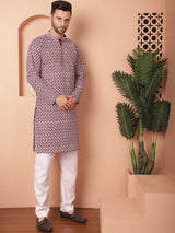 Purple Cotton Embroidered Kurta Pajama Set