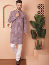 Purple Cotton Embroidered Kurta Pajama Set