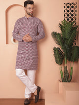 Purple Cotton Embroidered Kurta Pajama Set