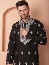 Black Silk Embroidered Kurta Pajama Set