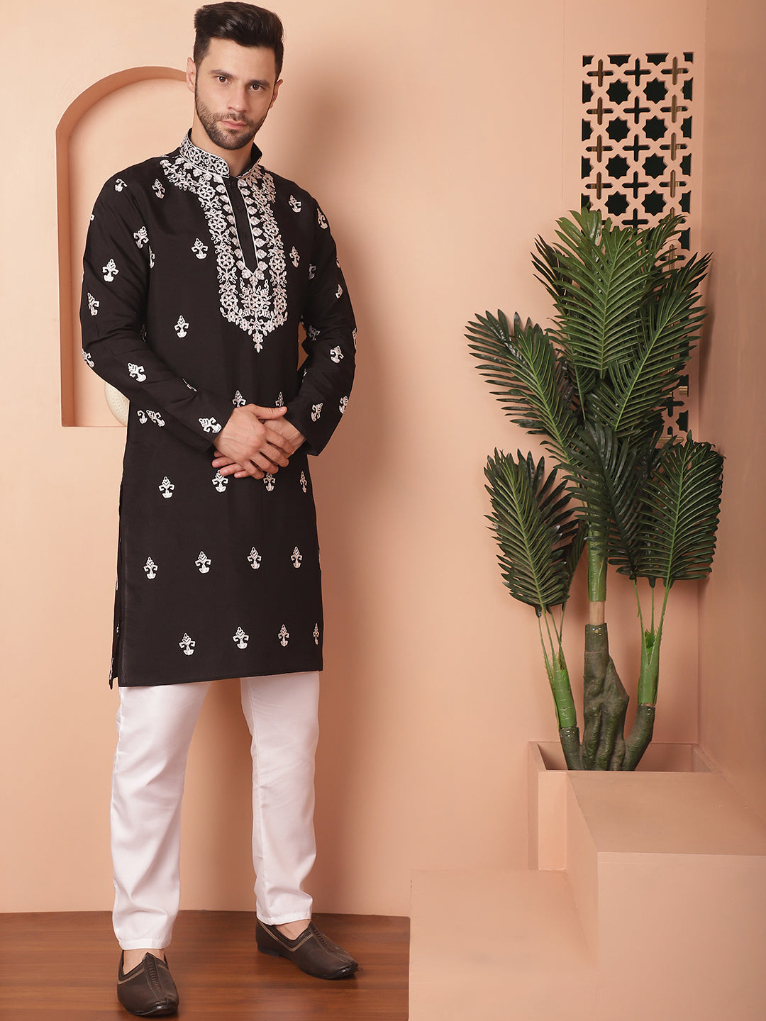 Black Silk Embroidered Kurta Pajama Set