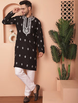 Black Silk Embroidered Kurta Pajama Set