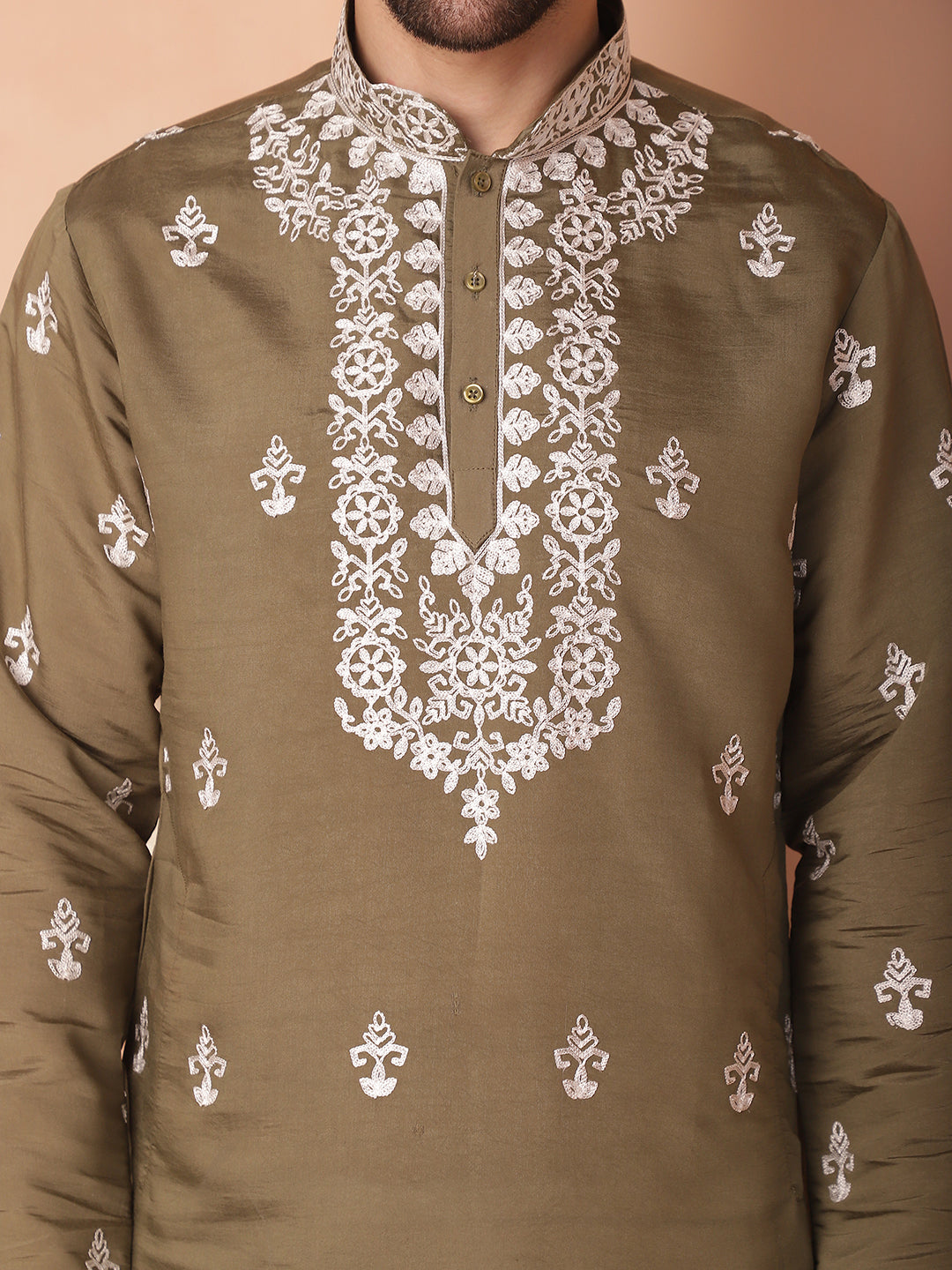 Olive Silk Embroidered Kurta Pajama Set