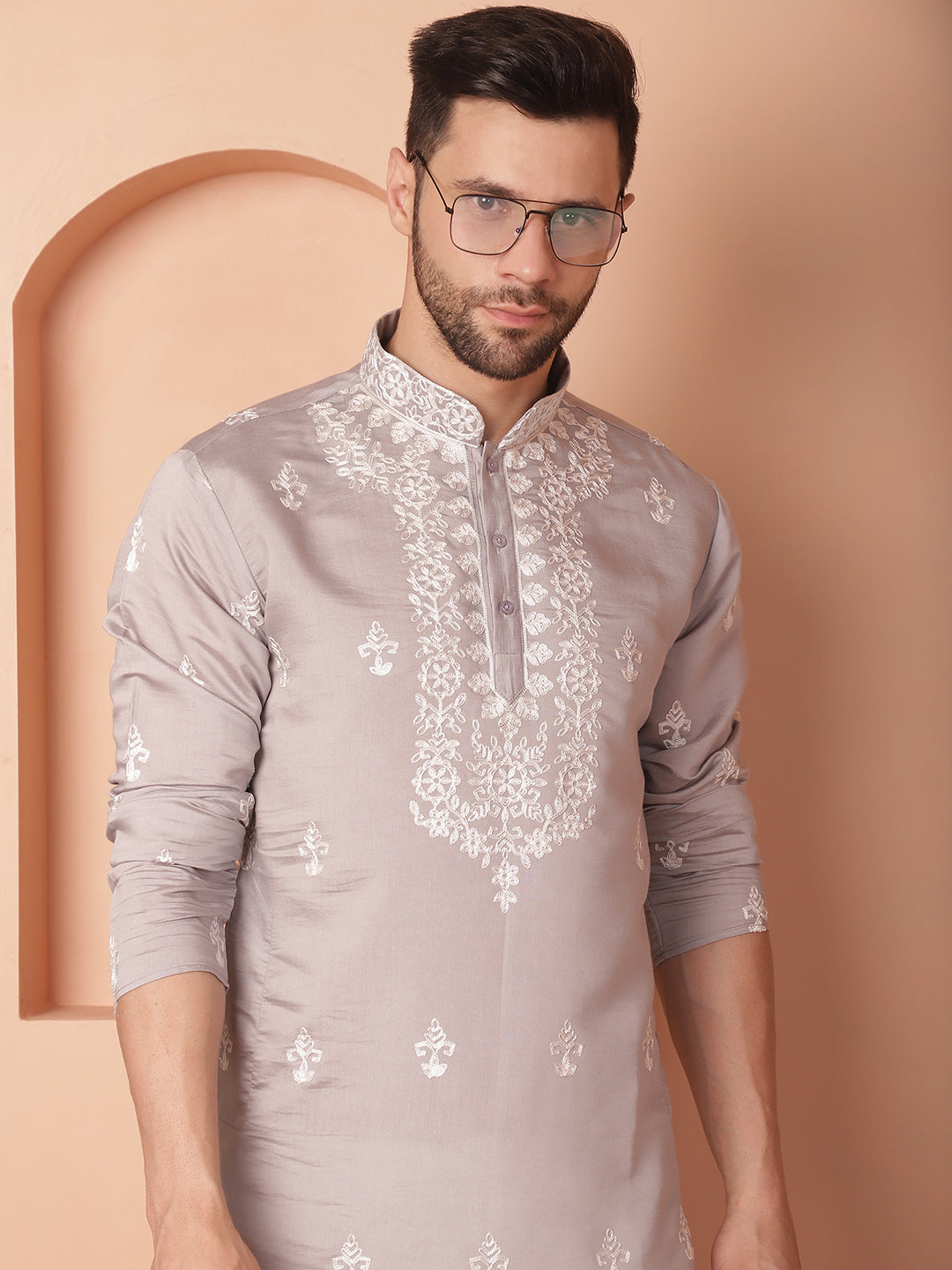 Gray Silk Embroidered Kurta Pajama Set