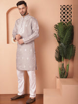 Gray Silk Embroidered Kurta Pajama Set