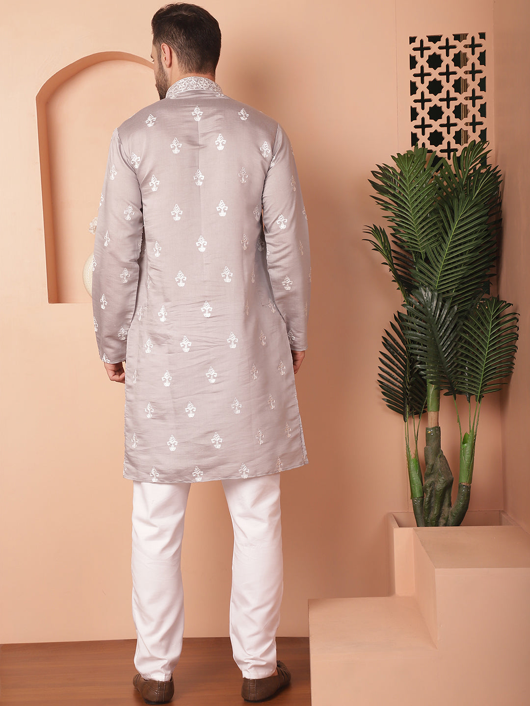 Gray Silk Embroidered Kurta Pajama Set