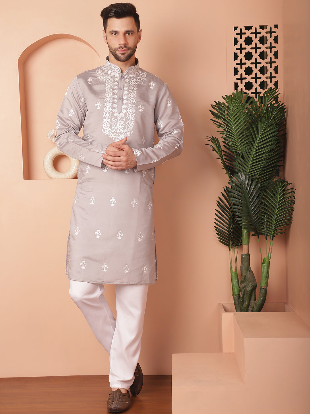 Gray Silk Embroidered Kurta Pajama Set