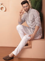 Gray Silk Embroidered Kurta Pajama Set