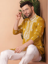 Yellow Silk Embroidered Kurta Pajama Set