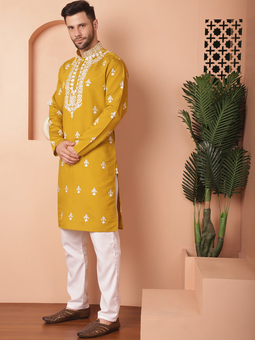 Yellow Silk Embroidered Kurta Pajama Set