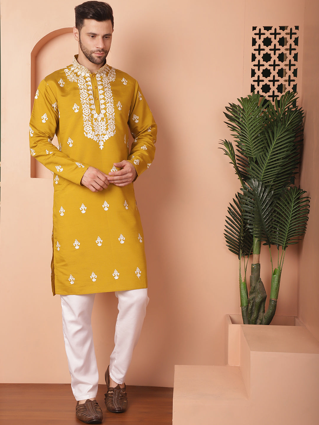 Yellow Silk Embroidered Kurta Pajama Set