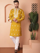 Yellow Silk Embroidered Kurta Pajama Set