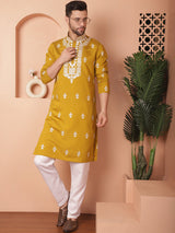 Yellow Silk Embroidered Kurta Pajama Set