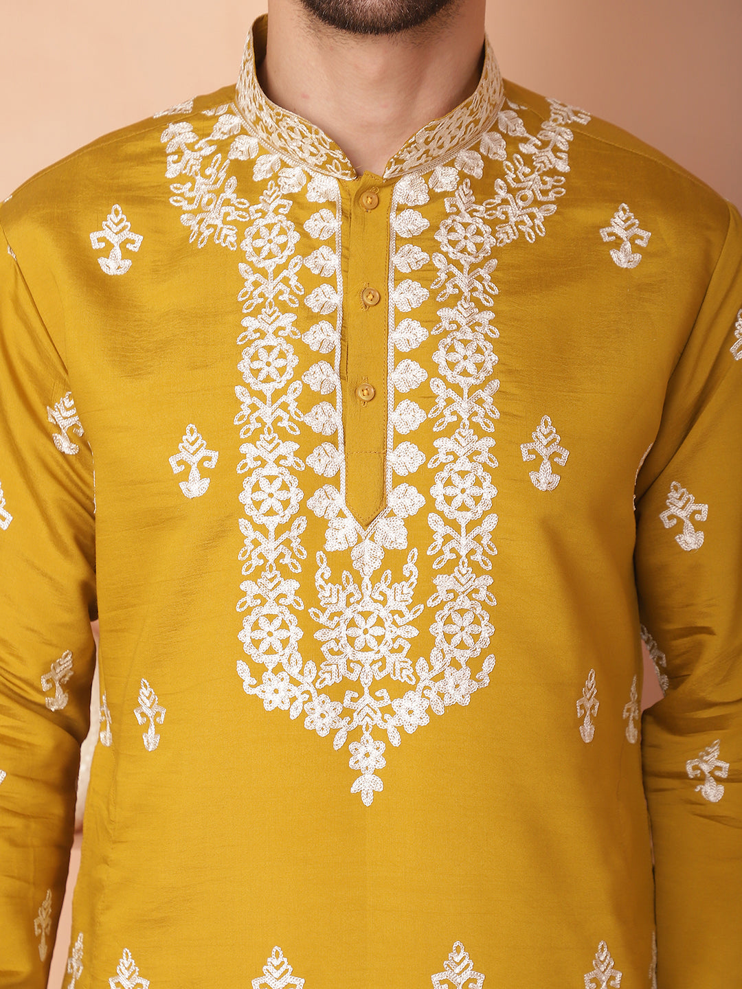 Yellow Silk Embroidered Kurta Pajama Set