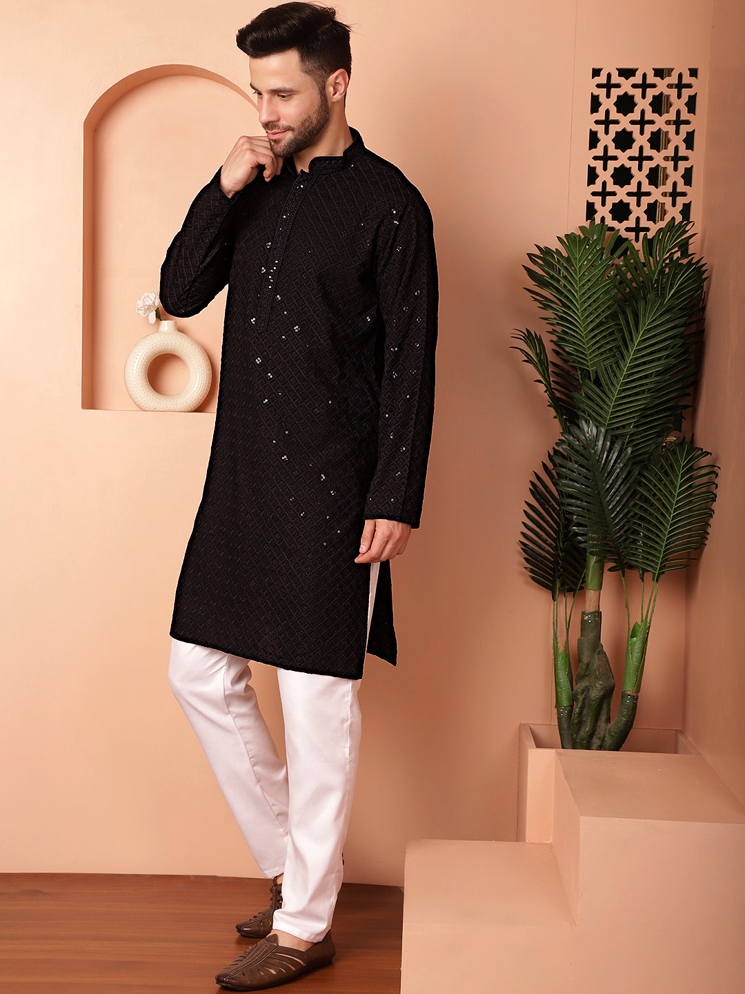 Black Viscose Mirror Sequin Embroidered Kurta Pajama Set