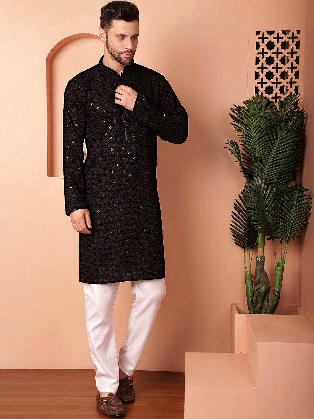 Black Viscose Mirror Sequin Embroidered Kurta Pajama Set