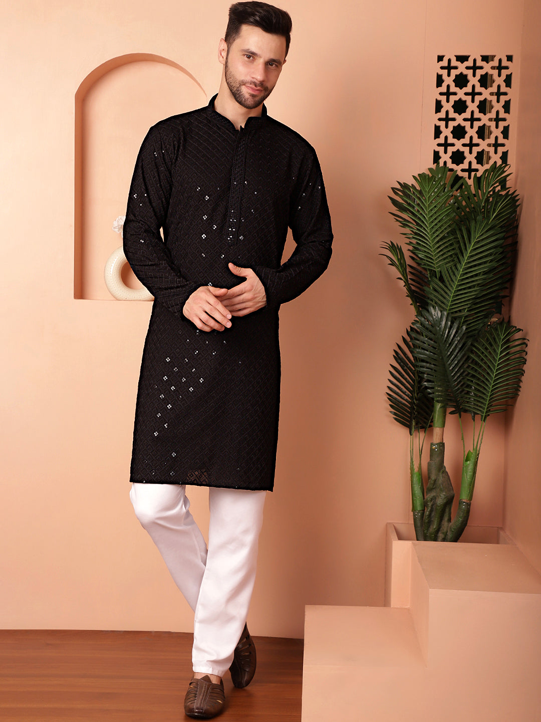 Black Viscose Mirror Sequin Embroidered Kurta Pajama Set