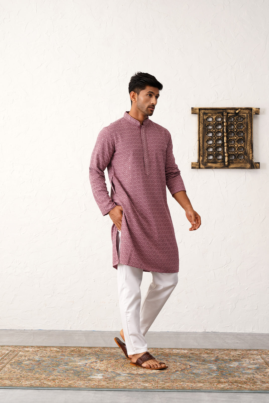 Burgundy Viscose Embroidered Kurta Pajama Set