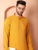 Yellow Viscose Embroidered Kurta Pajama Set