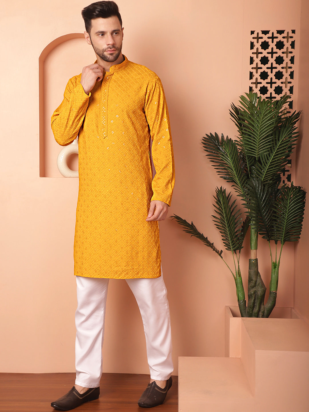 Yellow Viscose Embroidered Kurta Pajama Set