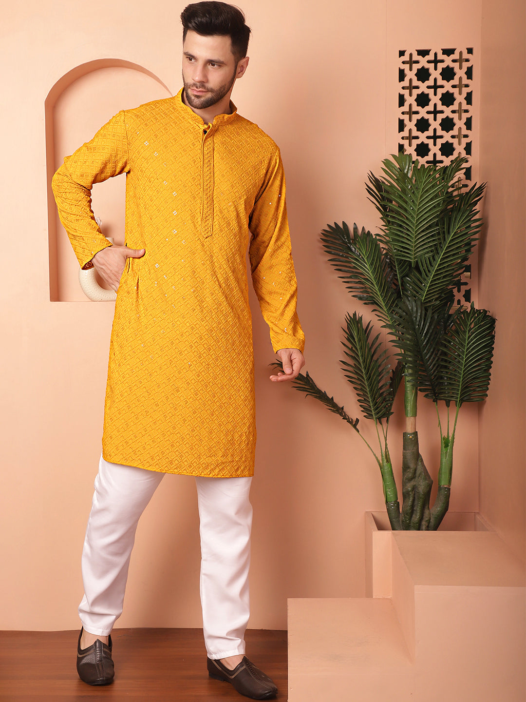 Yellow Viscose Embroidered Kurta Pajama Set