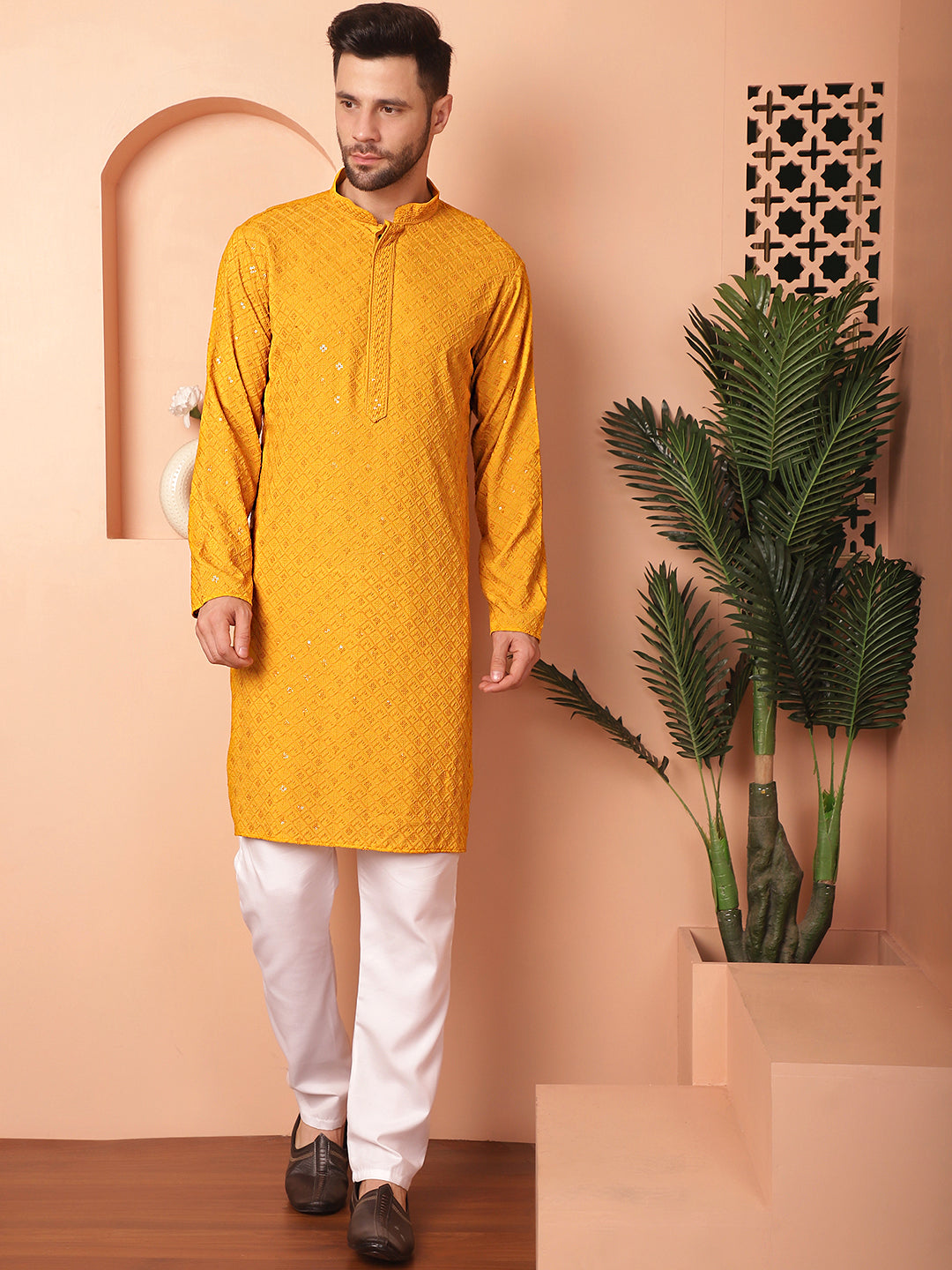 Yellow Viscose Embroidered Kurta Pajama Set