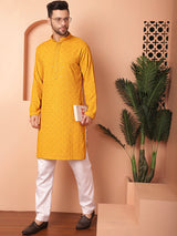 Yellow Viscose Embroidered Kurta Pajama Set