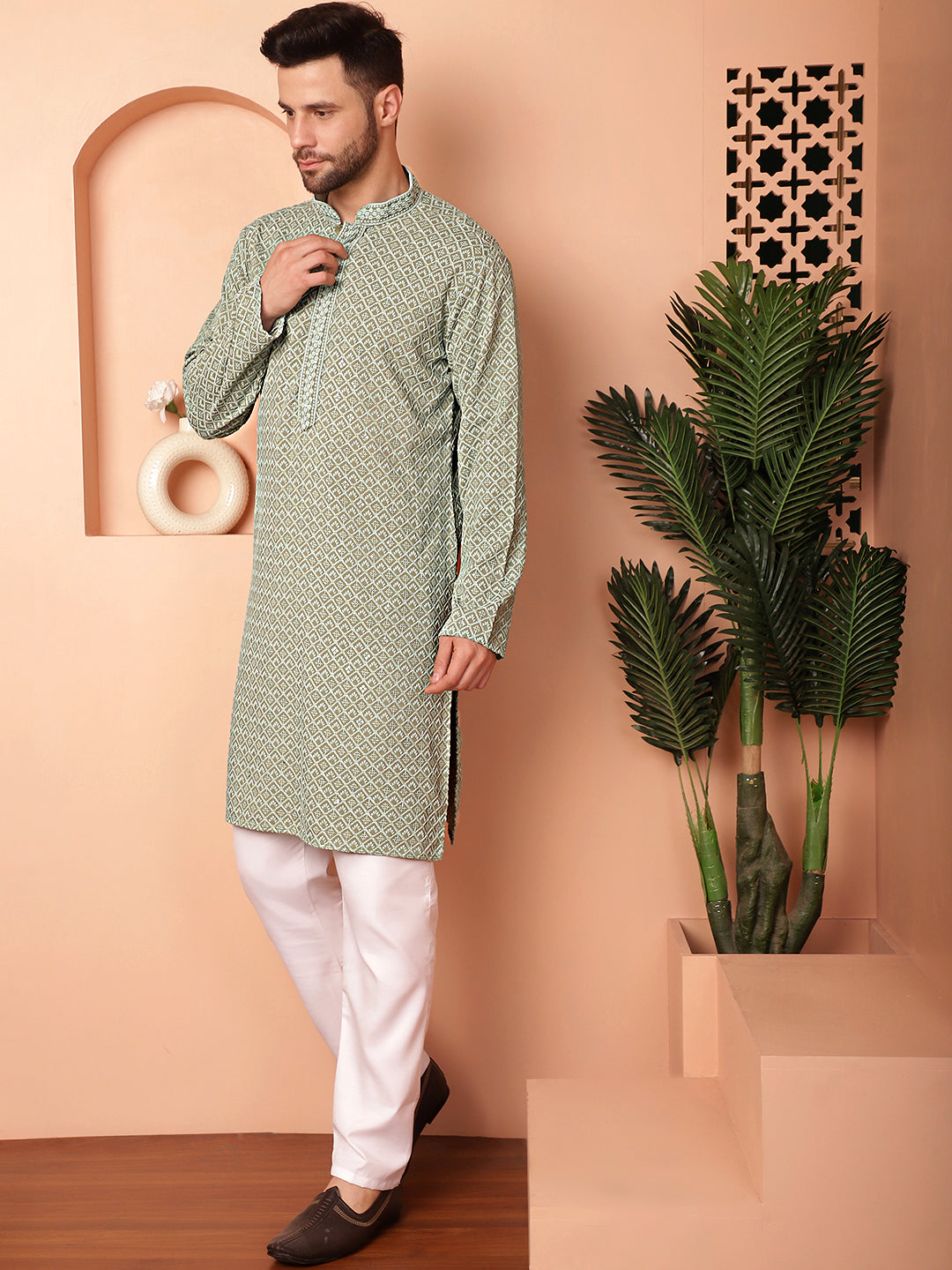 Green Viscose Embroidered Kurta Pajama Set