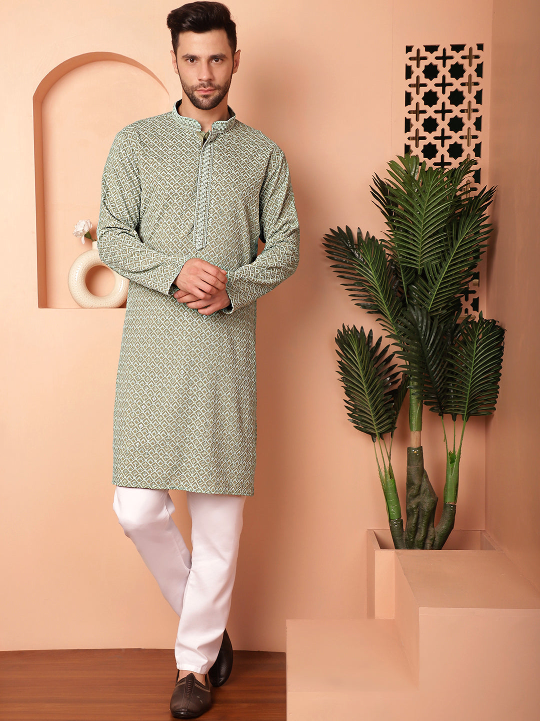 Green Viscose Embroidered Kurta Pajama Set