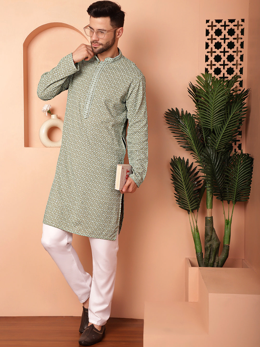 Green Viscose Embroidered Kurta Pajama Set